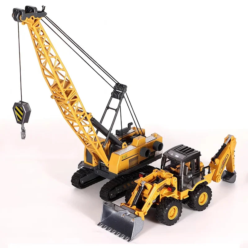 A yellow diecast construction vehicle set featuring a crane and assorted trucks for kids.