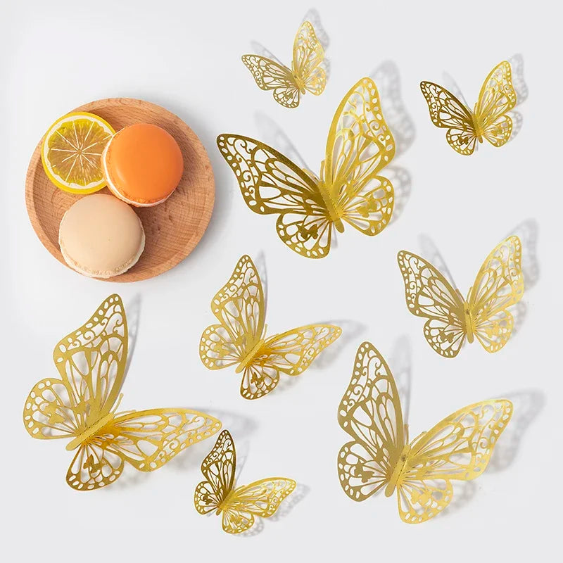 Gold rose gold 3D butterfly wall stickers displayed on a white background.
