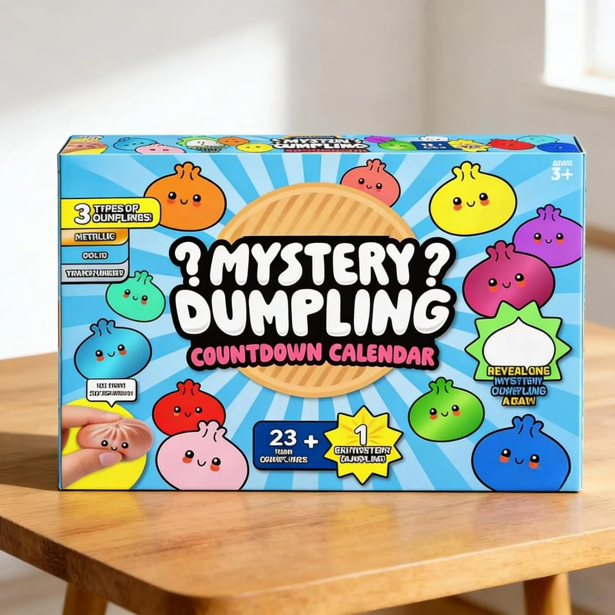 Eine Box mit Geheimnis-Dumplingen und einer Countdown-Kalenderform in bunten, weichen Dumplings und einer großen Brotsform.
