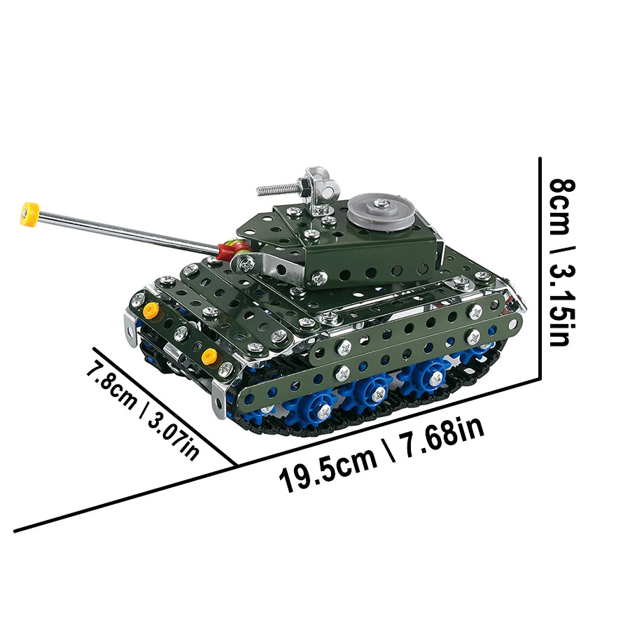 A green metal engineering vehicle building kit featuring a chassis, superstructure, and screwdriver tools.