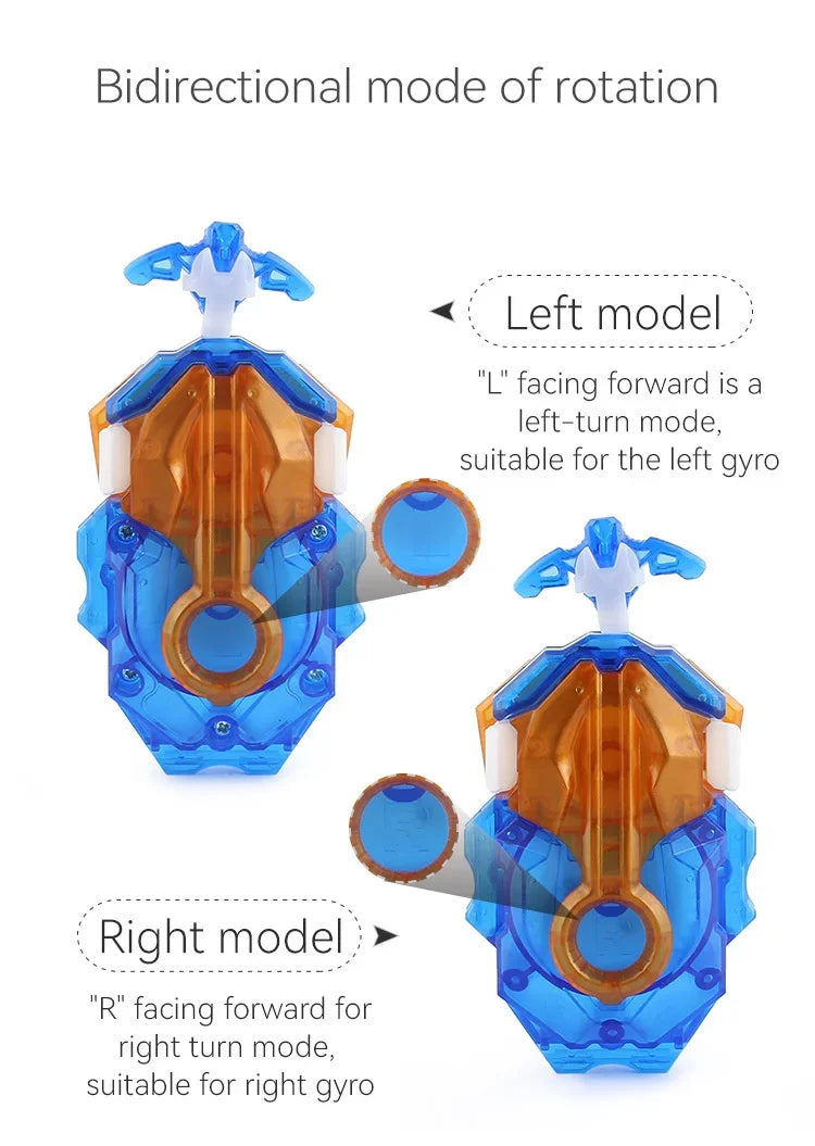 Two models of a bidirectional rotation spinning top launcher, one left-handed and one right-handed.
