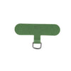 A rectangular, olive green fabric strap with a metal loop for a detachable phone lanyard or handsfree holder.