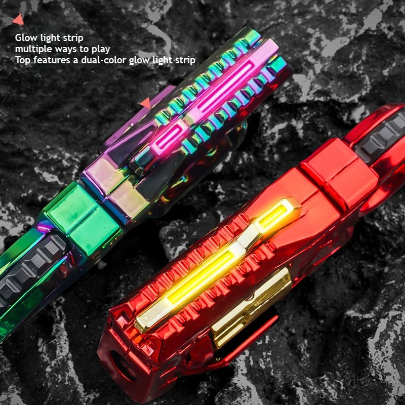 A close-up of a red alloy fidget toy gun with a glowing yellow light, shown against a dark background.
