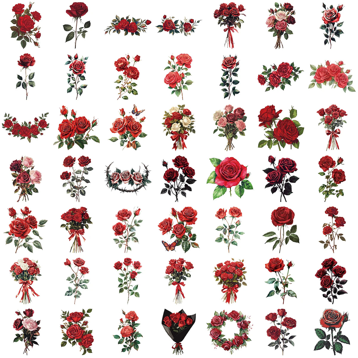 A collection of vintage red rose stickers in various shades and arrangements.