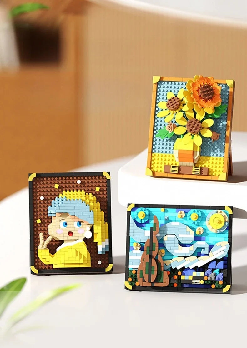 A set of pixel art building blocks depicting sunflowers and other colorful floral designs.