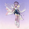 A purple-haired Ball-Jointed Doll wearing a white and blue outfit with large translucent wings.