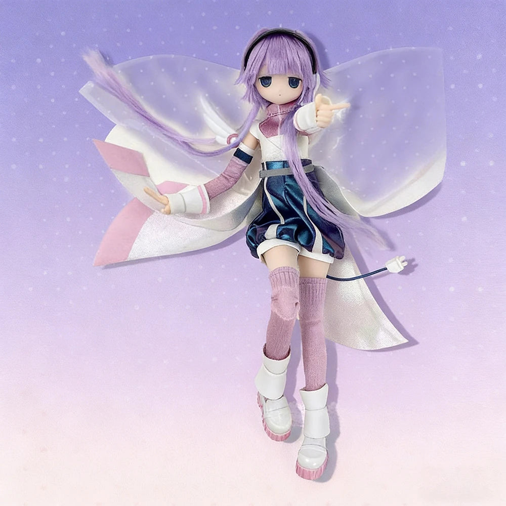 A purple-haired Ball-Jointed Doll wearing a white and blue outfit with large translucent wings.
