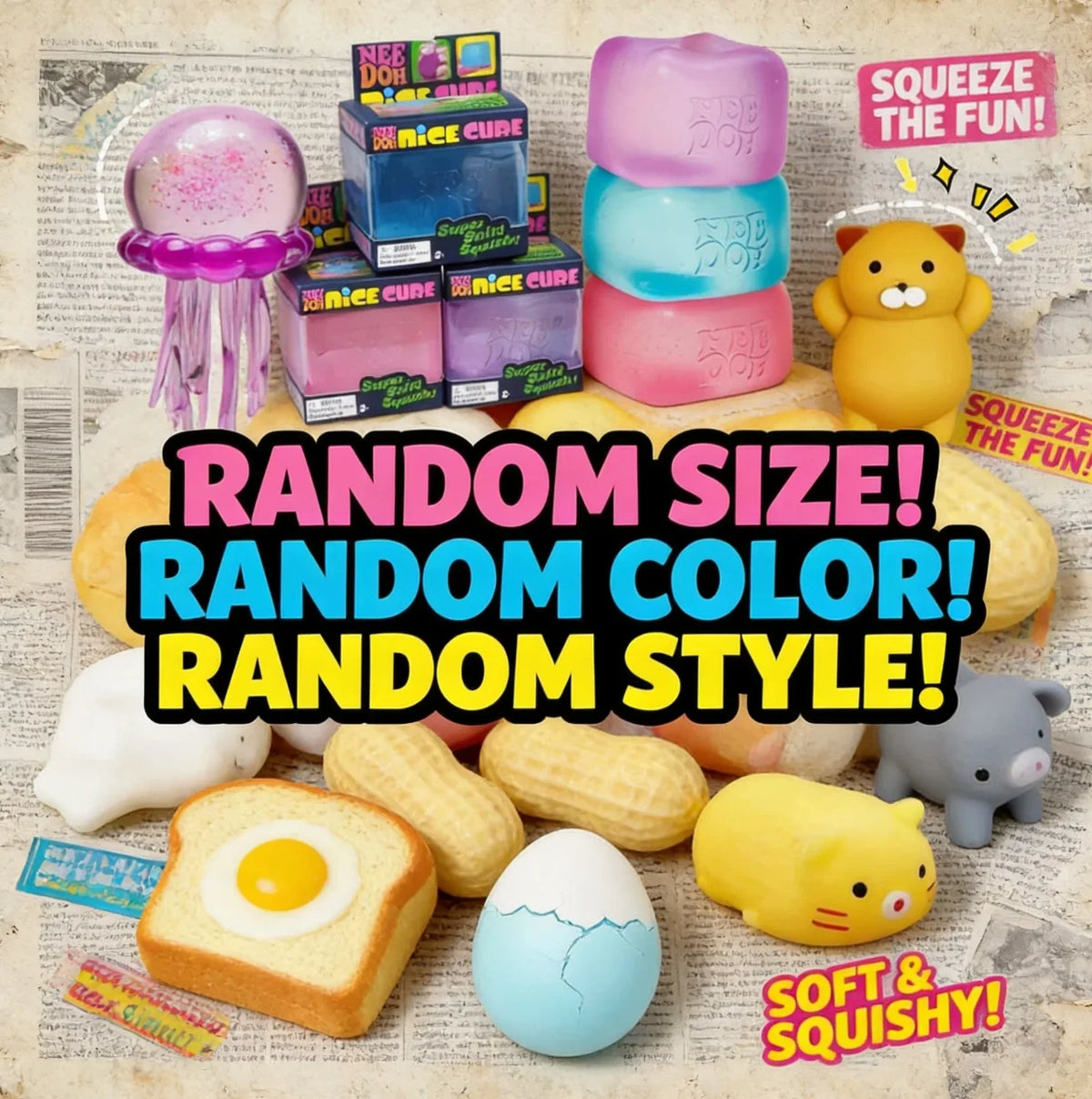 A collection of squishy toys including a pink jellyfish, colorful cubes, and yellow and purple soft items on paper.