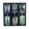 A set of nine black oracle cards featuring zodiac symbols and animal figures for divination.