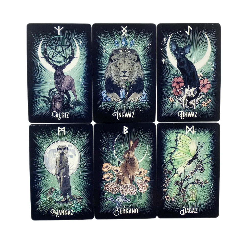 A set of nine black oracle cards featuring zodiac symbols and animal figures for divination.
