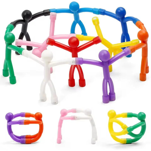 A set of colorful mini human fridge magnets in various colors and styles.