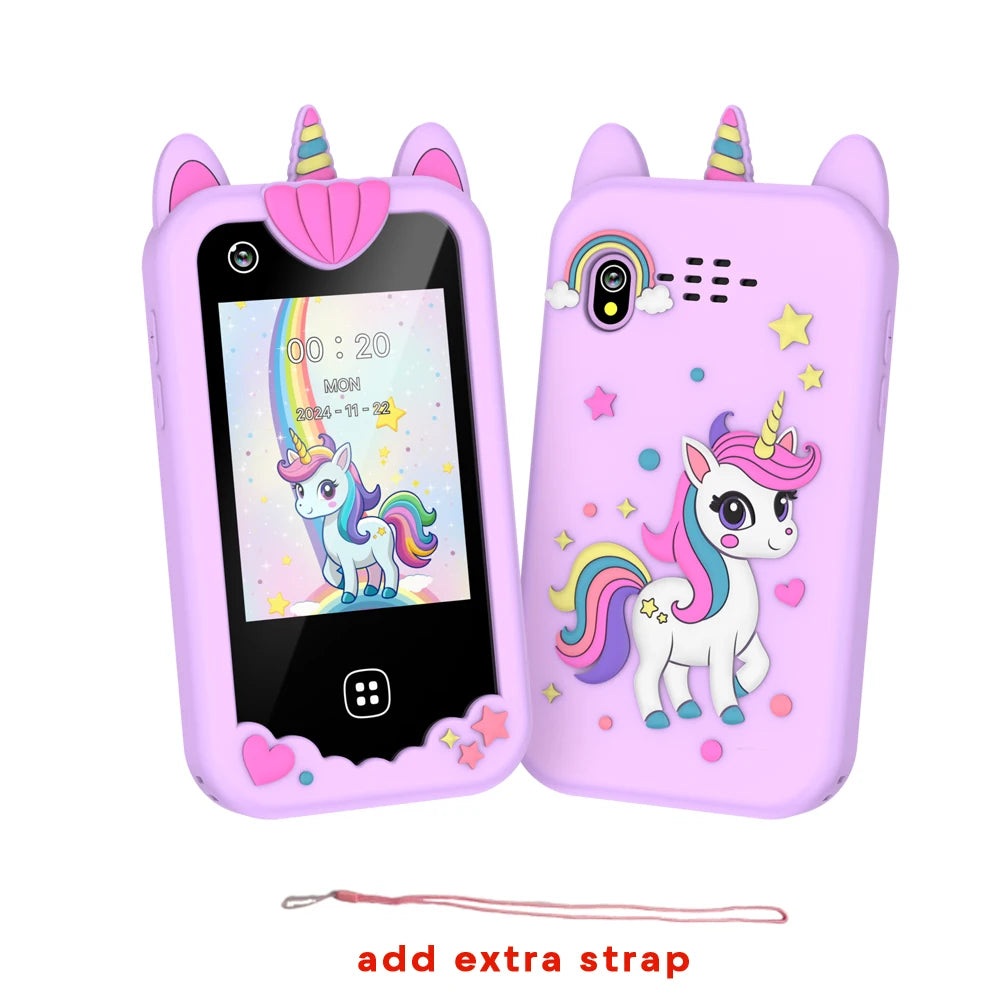 A pink kids' touchscreen phone with a unicorn design and an extra strap is shown.