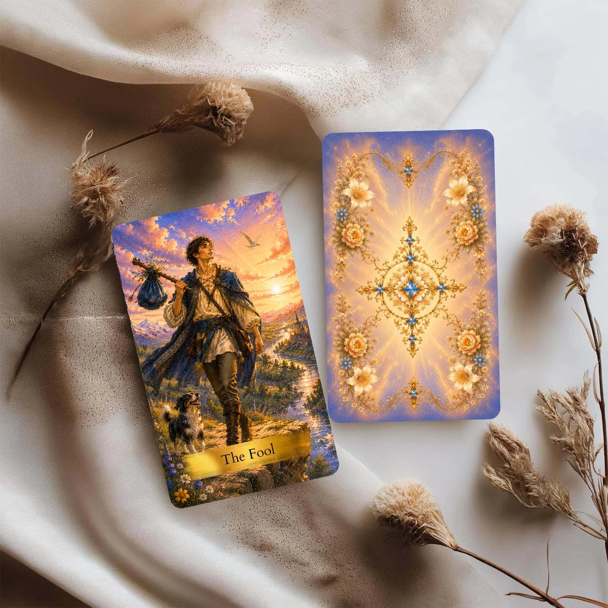 A tarot card featuring The Fool, depicting a figure standing in a landscape with golden light and celestial elements.