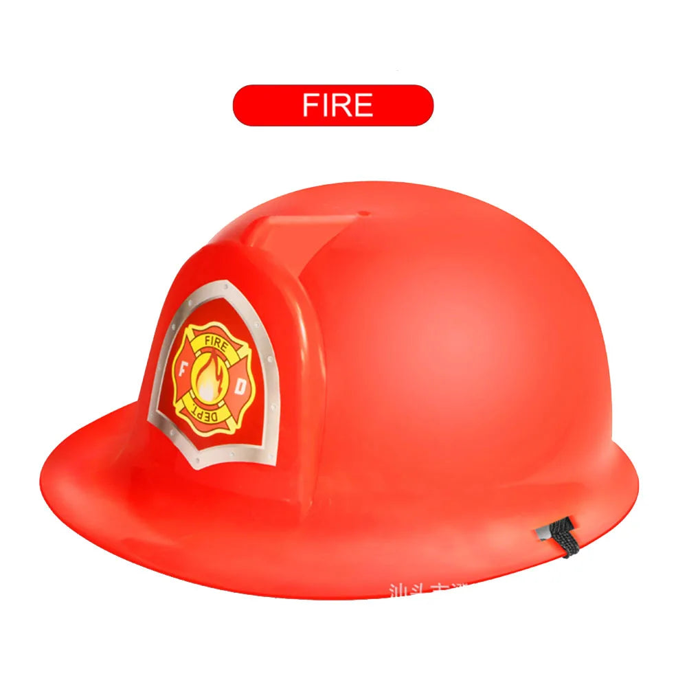 A bright red firefighter helmet for kids with a yellow and red emblem on the front.