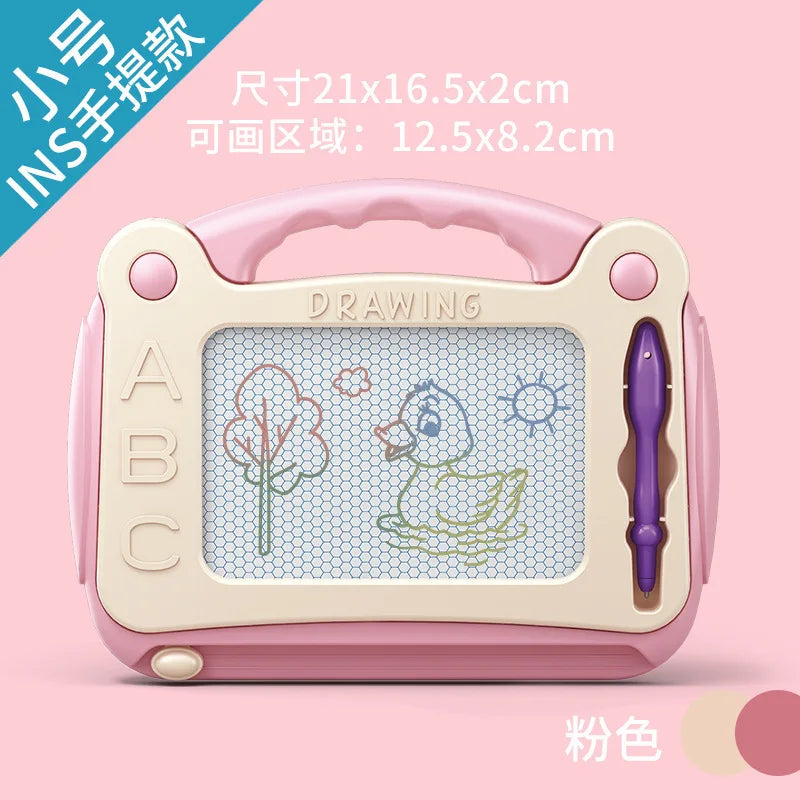 A pink magnetic drawing board for kids featuring a grid pattern and a purple drawing tool.