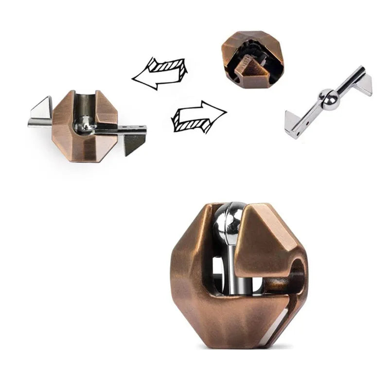 Ein Set aus Bronze-Metall-Brain-Teaser-Puzzles mit verschiedenen mechanischen Komponenten und Puzzleteilen.