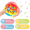 A hand is holding a colorful sensory developmental chewable gumball ball rattle designed for baby size.