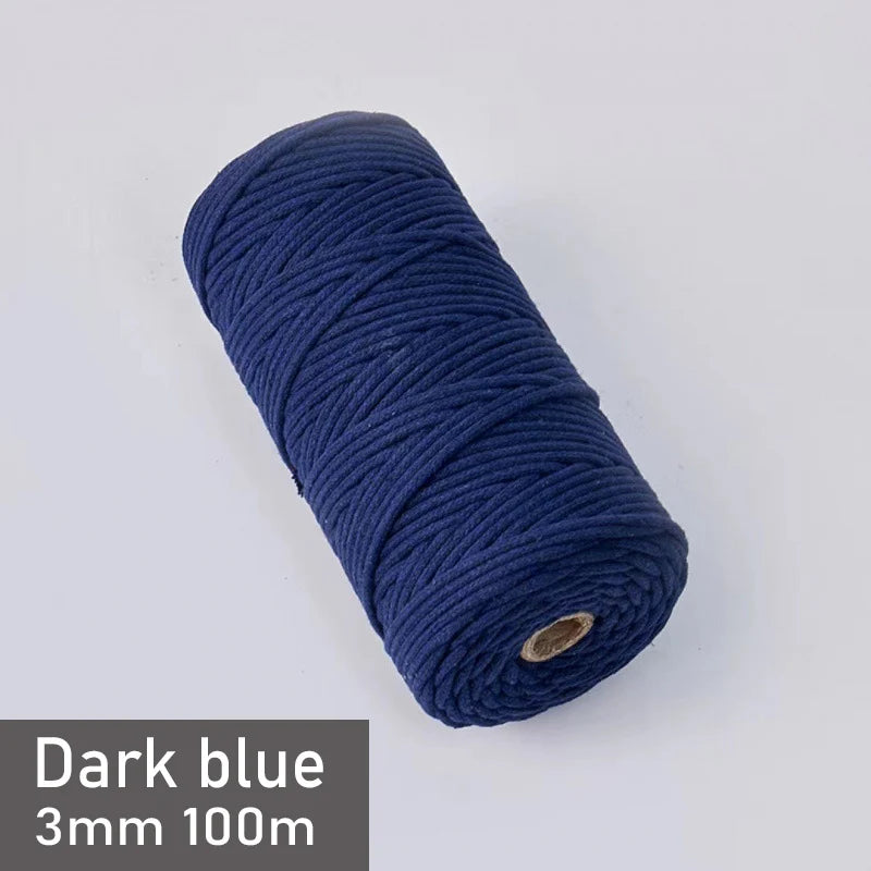 A spool of dark blue 3mm cotton macrame cord measuring 100 meters.