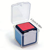 A clear plastic box containing a red mini magic cube puzzle with a blue base.
