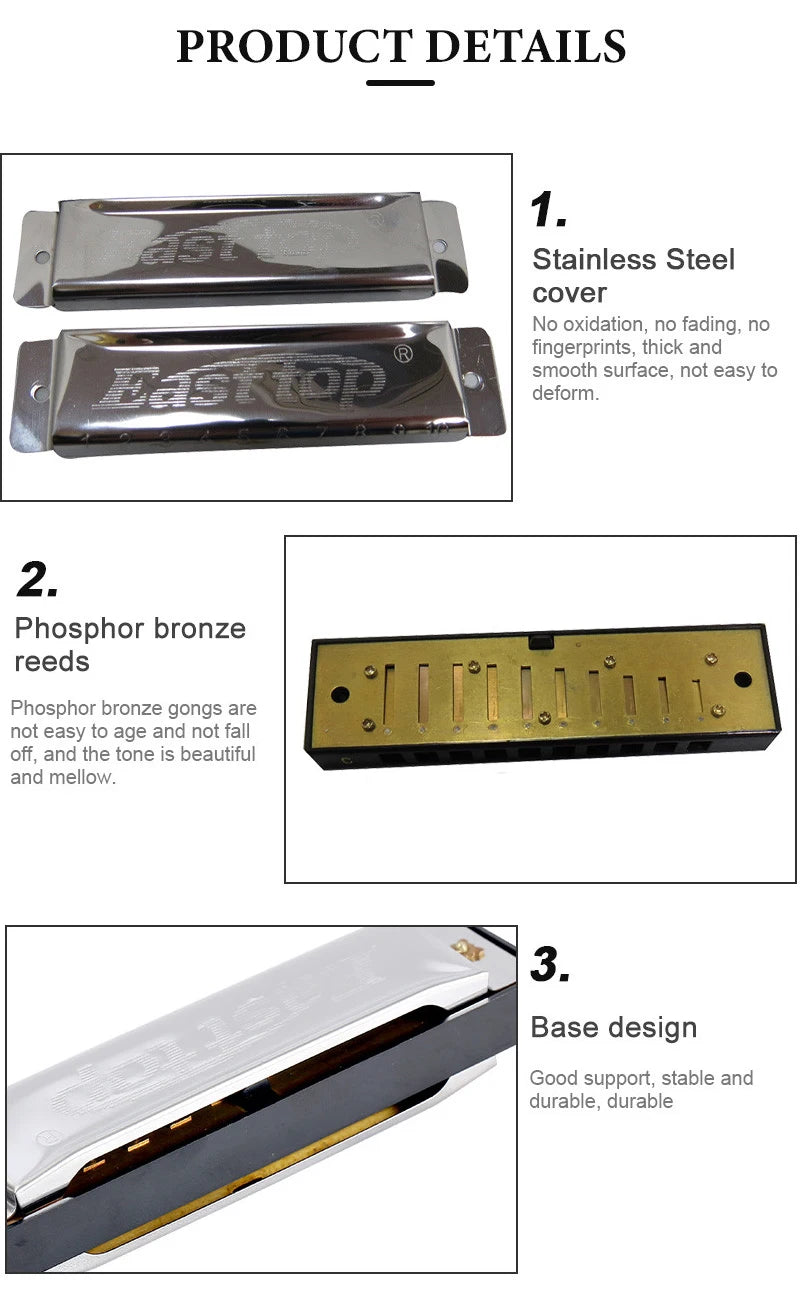 A set of harmonica components including a stainless steel cover, phosphor bronze reeds, and a base design.