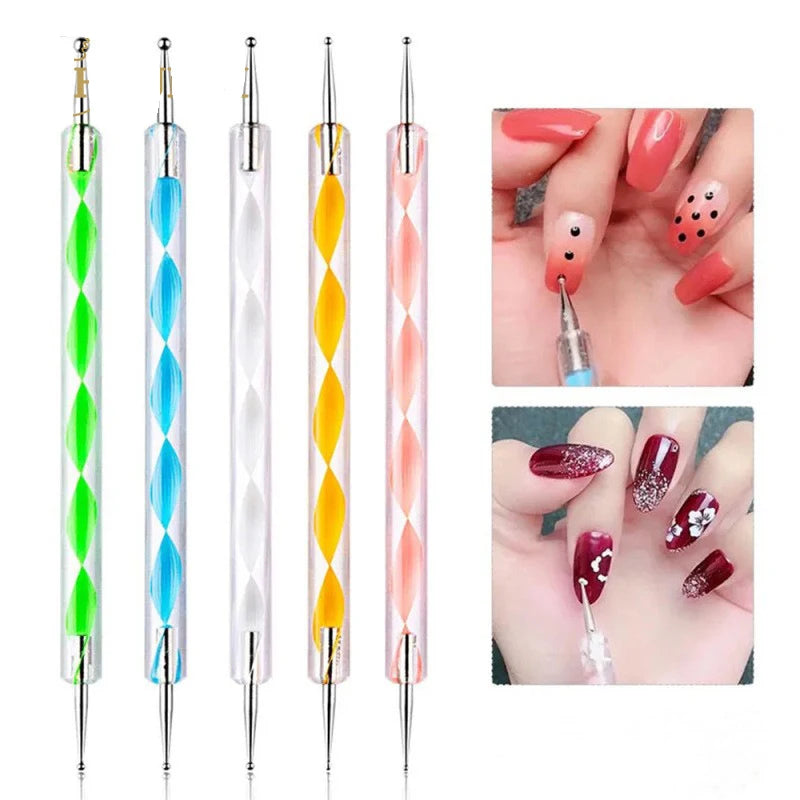 A set of five double-ended silicone dotting pens in various colors used for nail art and sculpting.
