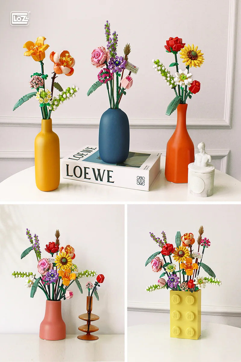 A collection of colorful floral bouquets displayed in various ceramic vases and set against a white background.