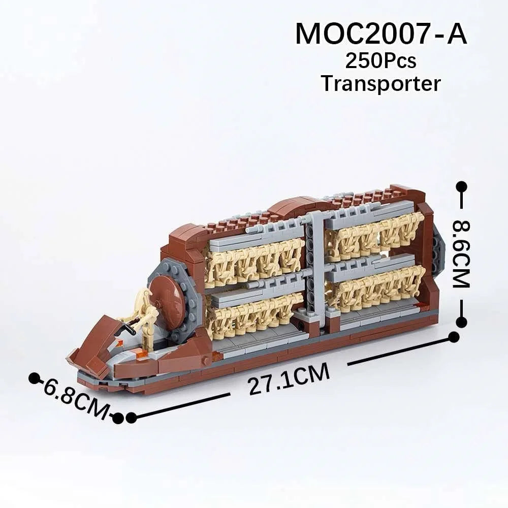 A model of a robot platoon on a transport warship built from LEGO bricks.