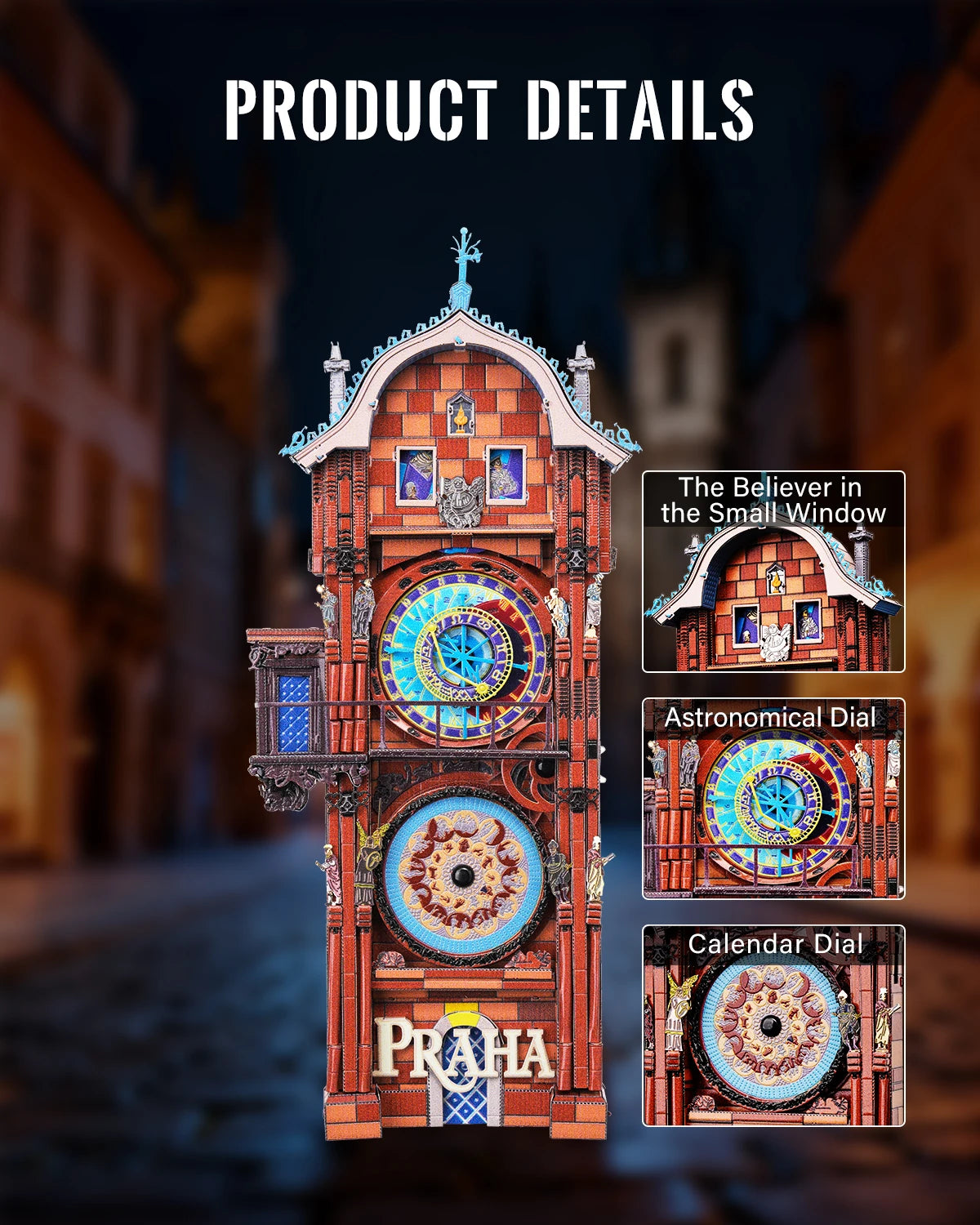 A detailed 3D metal puzzle kit of a historic clock face featuring an astronomical dial and calendar dial.