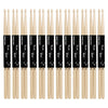 Twelve pairs of maple wood drumsticks laid out in a row for practice and performance.