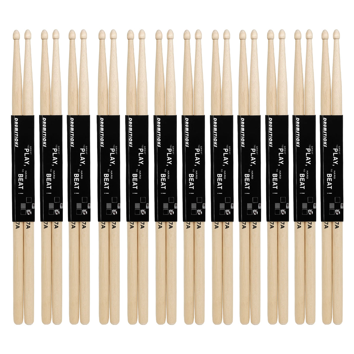 Twelve pairs of maple wood drumsticks laid out in a row for practice and performance.
