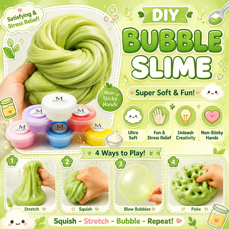 DIY bubble slime kit showing various colors and textures for stretching squishing and blowing bubbles