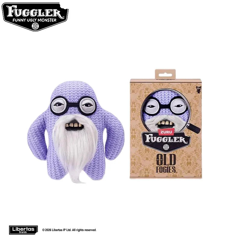 A plush toy of a purple monster with a white beard and glasses, packaged in a cardboard box.