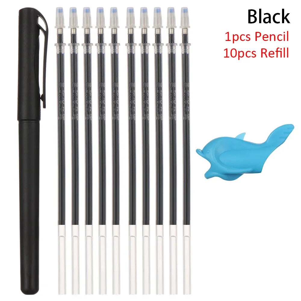 Black automatic fade pens with ten refills and a blue fish shaped accessory