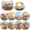 A set of eight DIY diamond art coasters featuring cute dog designs on round tiles with a metal holder.