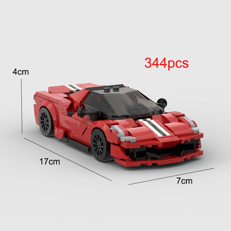 A red classic supercar building block model with black accents and white racing stripes.