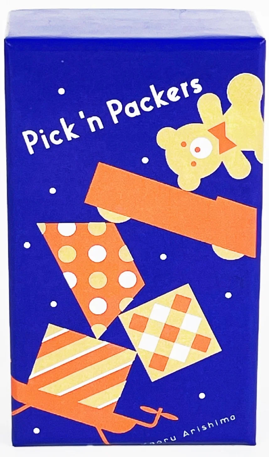 A blue box featuring a yellow cutout and orange geometric shapes, titled Pick'n Packers.