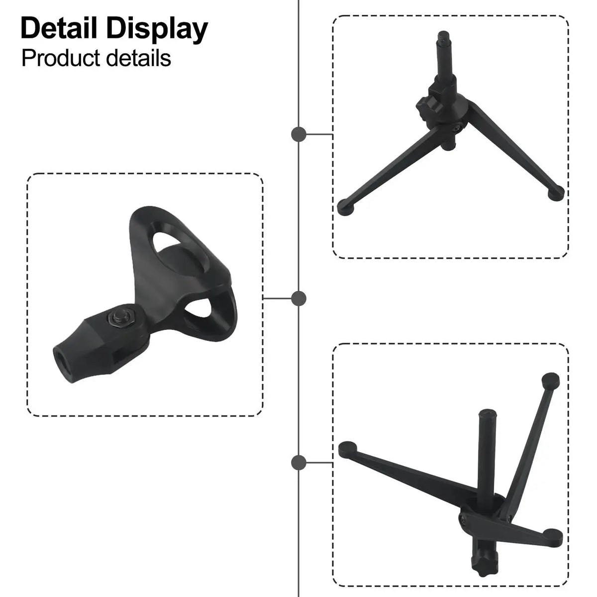 Black mini desktop tripod microphone stand with a clip holder shown in detail.