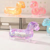 Collection de jouets anti-stress en forme de dachshund pailletés et squishy de différentes couleurs (jaune, rose, violet, ble