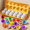 A yellow egg carton filled with white eggs and various colored eggs for a Montessori matching and sorting toy.