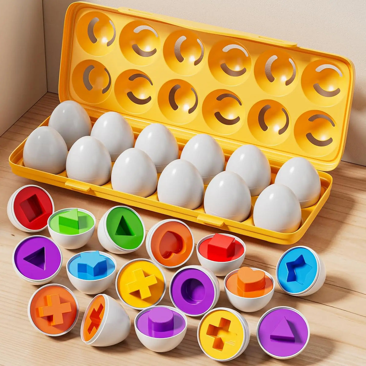 A yellow egg carton filled with white eggs and various colored eggs for a Montessori matching and sorting toy.