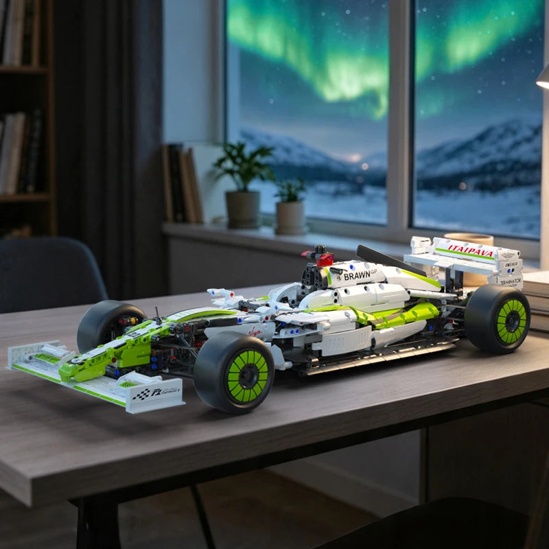 A detailed 1:8 scale formula racing car building set with green and white livery displayed on a wooden table.