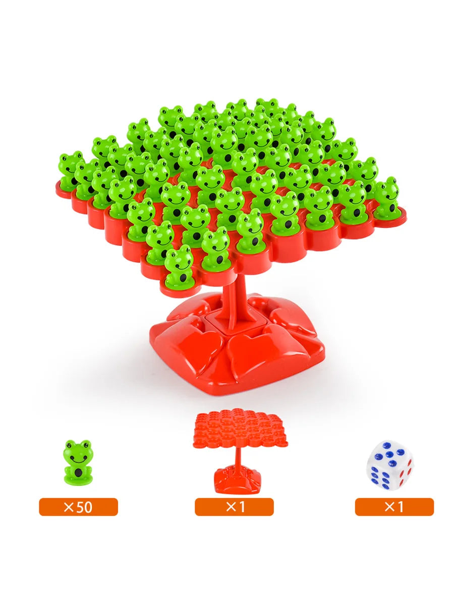A red base supports a green frog balance tree with many small green frogs on the branches.
