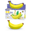 A yellow banana fruit-shaped puzzle cube is shown both in its packaging and as a standalone product.