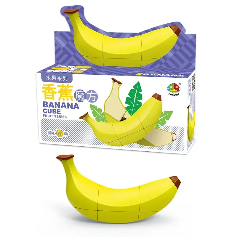 A yellow banana fruit-shaped puzzle cube is shown both in its packaging and as a standalone product.