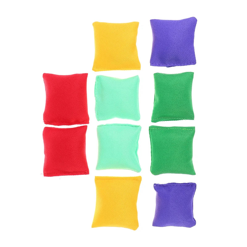 A set of ten colorful mini bean bags in yellow, purple, red, green, and light green.