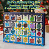 A box containing 24 mystery dice including acrylic, D20, and pins for a holiday game night.