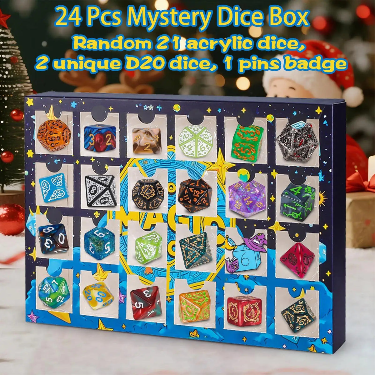 A box containing 24 mystery dice including acrylic, D20, and pins for a holiday game night.