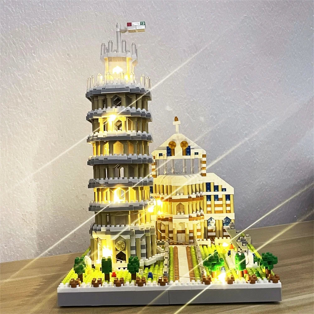 An LED-illuminated model of the Eiffel Tower built from micro building blocks.