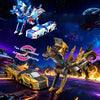 A set of two transforming dinosaur cars, one blue and white, and one yellow and black, with magnetic connectors against a sta
