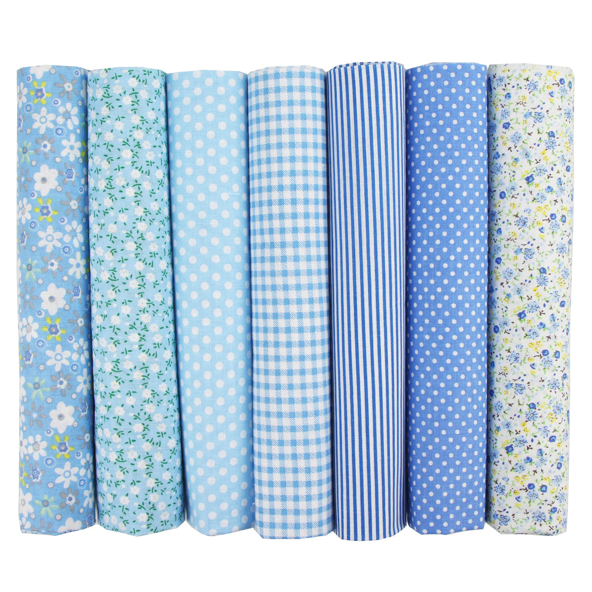 A pack of seven rolled cotton fabric squares in various blue and white gingham, stripe, and floral patterns for quilting.